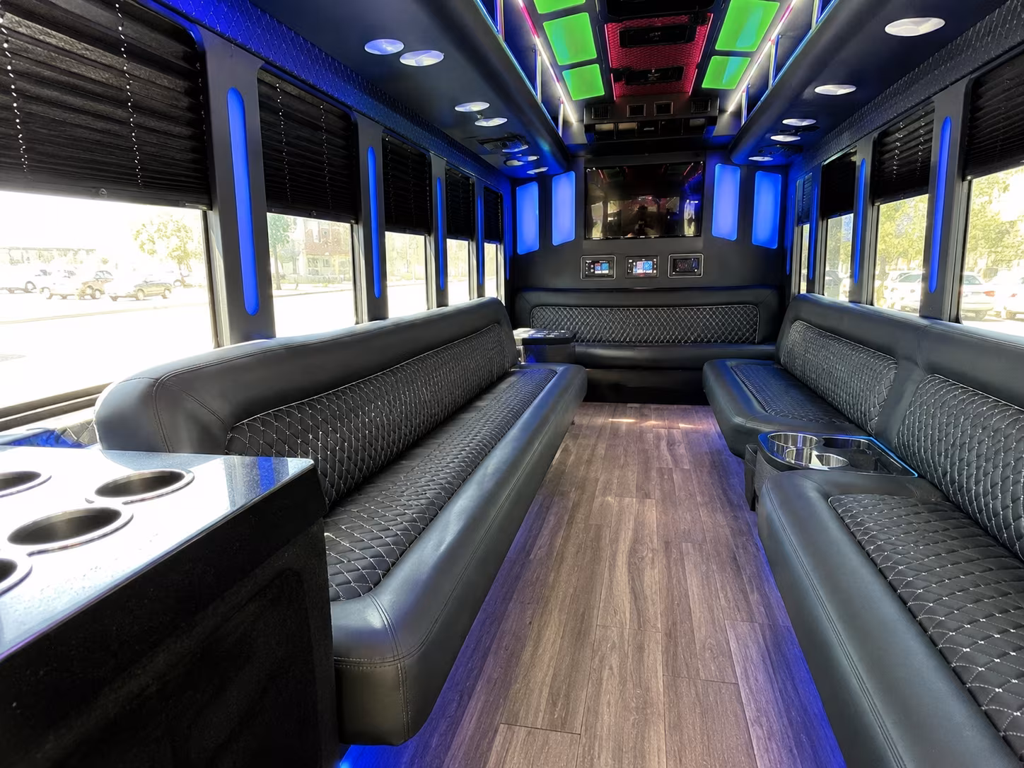 amherst 15 passenger party bus inside